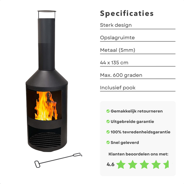 Cheqo® Terrashaard - Houtkachel - Tuinhaard - Terrasverwarming - Vuurkorf - Zwart - Inclusief Pook - 135cm Hoog - 44cm Diameter Tuinhaard