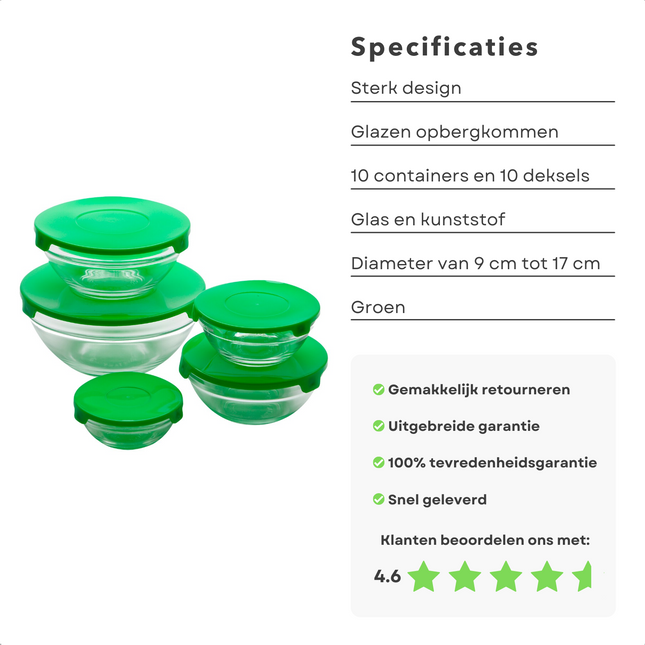 Cheqo® Glazen Vershoudbakjes - Lunchbox - Glazen Kommen - Voedselcontainer - Vershouddoos - Voorraadschaal - Met Deksel - 10 Stuks - Groen Vershoudbakjes