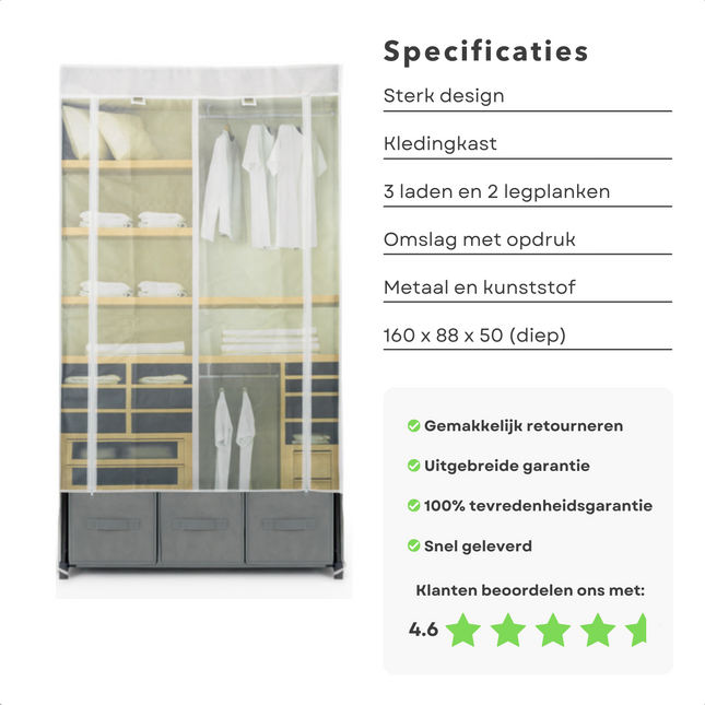 Cheqo® XL Garderobekast - Kledingkast met Metalen Frame - Kleding Opbergkast - Opvouwbare Kast - Met Legplanken en Ophangstang - 160x88x50cm - Met Opdruk Kledingkast