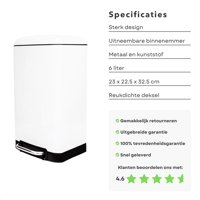 Cheqo® Prullenbak - Pedaalemmer - Afvalbak - Afvalemmer - 6 Liter - Metaal - Wit - 23x22.5x32.5 Pedaalemmer