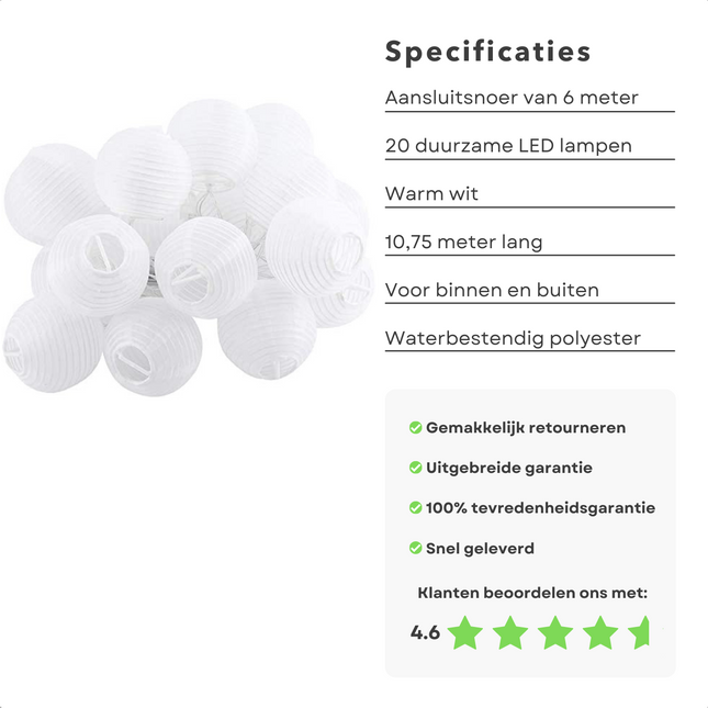 Cheqo® Lampionnen Slinger - Feestverlichting - Lichtslang - Lichtslinger Lampion - Lampionnen met Verlichting - Warm Wit - 10.75 Meter - 20 Lampions Feestverlichting