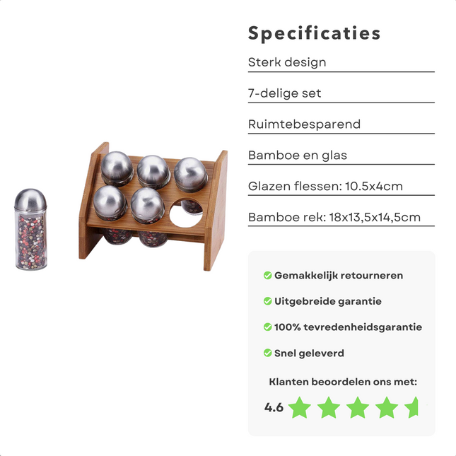 Cheqo® Kruidenrek - Glazen Flesjes met Bamboe Rek - 6 Kruidenpotjes - Kruidenpot - Keukenrek - Kruiden Organizer - Kruidenset - 18x13.5x14.5cm Kruidenrek