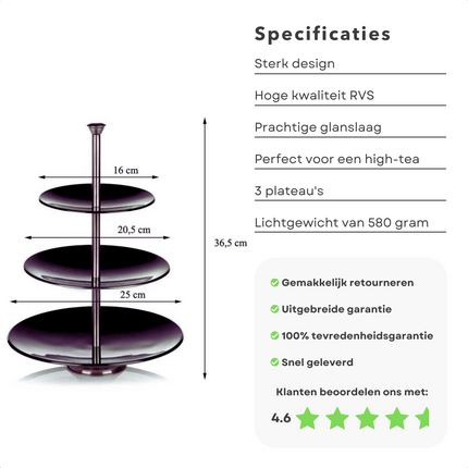 Cheqo® Glanzende Etagère - Serveerplank - Serveertoren - RVS - 3 laags Etagere