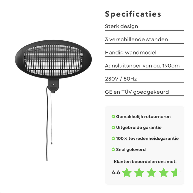Cheqo® Wand Terrasverwarmer - Muurmontage - Terras Verwarmer Muur - Terras Heater - Elektrische Kachel - Bijverwarming - 3 Warmtestanden tot 2000W Terrasverwarmer