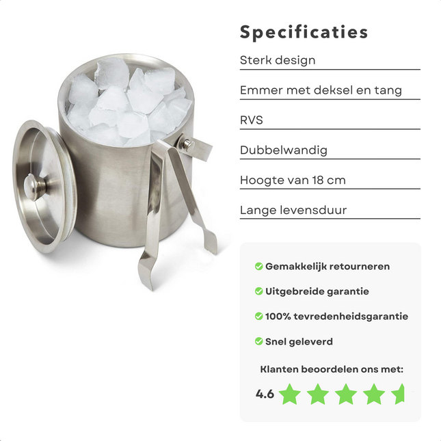 Cheqo® Luxe IJsemmer met Tang - Dubbelwandig - RVS - IJstang - IJsblokjesemmer - Afsluitbaar IJsemmer