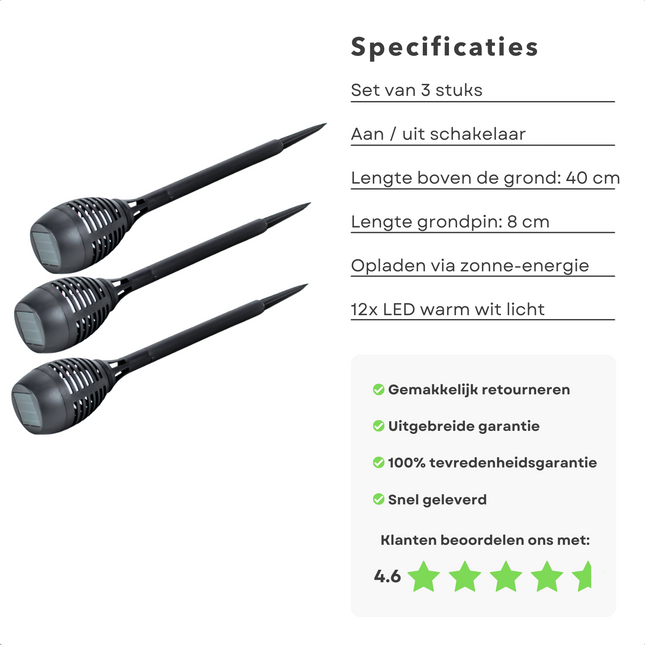 Cheqo® Tuinfakkels op Zonneenergie - Tuinverlichting Zonne Energie - Prikspot - Padverlichting - Tuinlantaarn - Buitenverlichting - 40 cm - 3 Stuks Tuinspots