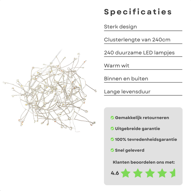Cheqo® Kerstverlichting - Kerstboomverlichting Zilverdraad - Lichtsnoer - Clusterverlichting - Voor Binnen en Buiten - 240LED - Warm Wit Kerstboomverlichting