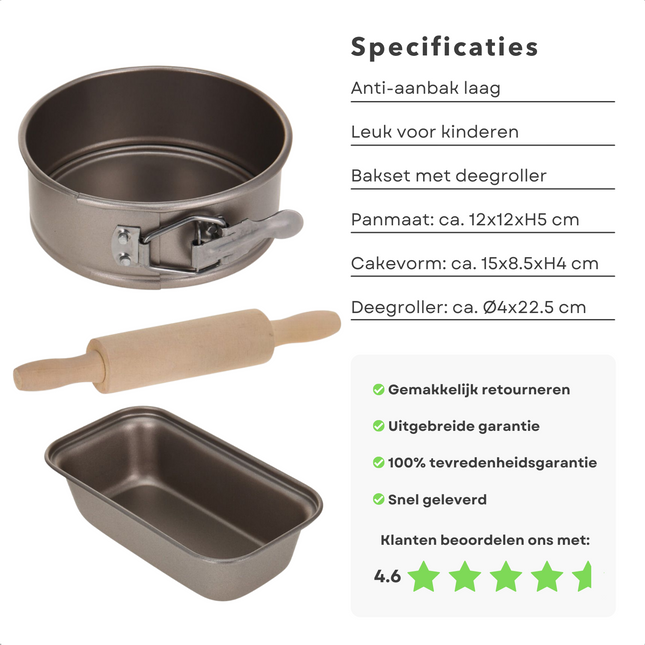 Cheqo® Bakset voor Kinderen - Kinderbakset - Bakgerei voor Kinderen - Springvorm - Deegroller - Cakevorm - Cupcakes Maken - 3-delig Bakset
