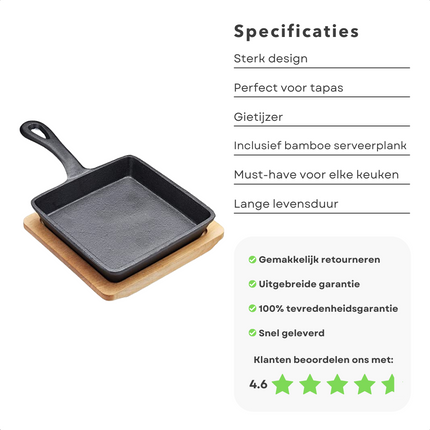 Cheqo® Braadpannetje - Tapaspan - Koekenpan - Voor Oven en Gasfornuis - Gietijzer - Met Onderzetter - 14x14 cm Koekenpan