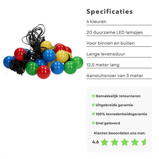 Cheqo® Lichtsnoer - Fairy Lights - Lichtslinger voor Binnen en Buiten - Kerst Verlichting - Tuinverlichting - Feestverlichting - Partyverlichting - Tuinverlichting - 20 LED Bolletjes - ø5cm - Multicolor - 1250cm Lichtsnoeren