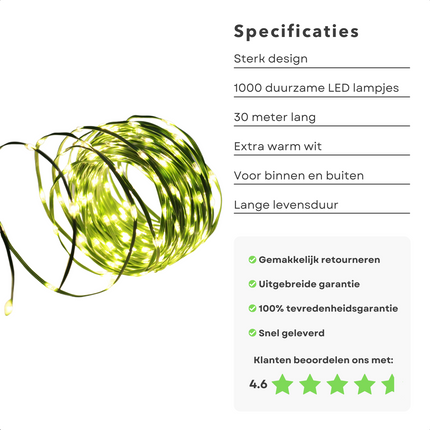 Cheqo® XL Draadverlichting - Kerstverlichting - Kerstlampjes - Kerstboomverlichting -  Lampjes Slinger - Lichtsnoer - LED Lampjes voor Binnen en Buiten - 30 Meter - 1000 LED - Extra Warm Wit Kerstboomverlichting