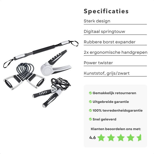 Cheqo® 5-in-1 Fitness Set - Thuis Sporten - Thuis Fitness - Springtouw met Teller - Instelbare Chest Expander - 2 Handtrainers - Power Twister - Home Gym - Conditie - Crossfit Fitnessmaterialen