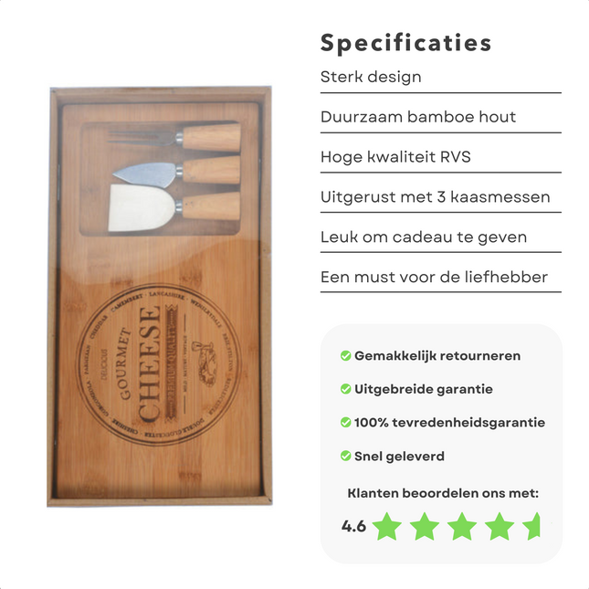 Cheqo® Luxe Kaasplank - Bamboe Hout - Kaasplankje - Serveerplank - Tapasplank - Borrelplank - Inclusief 3 Messen Kaasplank