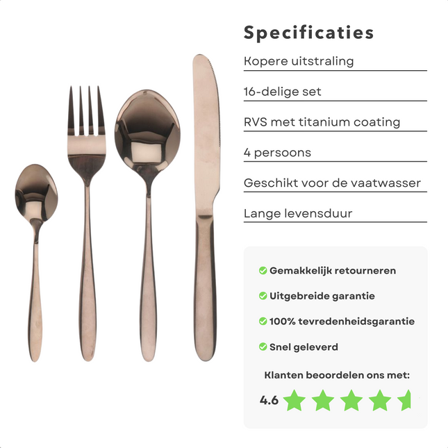Cheqo® Luxe Koper Bestekset - RVS - Titanium Koperkleurig - 16 Delig - Koper Bestek - Lepels - Messen - Vorken - Voor 4 Personen Bestekset