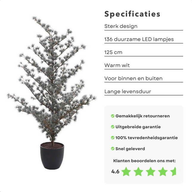 Cheqo® Luxe Kerstboom - Kersttak - Kerstplant - Plant met Verlichting en Pot - 125cm - 136 LED Kunstkerstbooom
