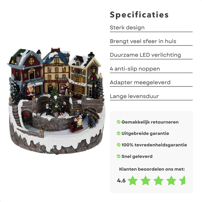 Cheqo® Kerstdorp - Kersttafereel - Kerstdecoratie - Met LED Licht en Bewegende Slee Kerstdorp