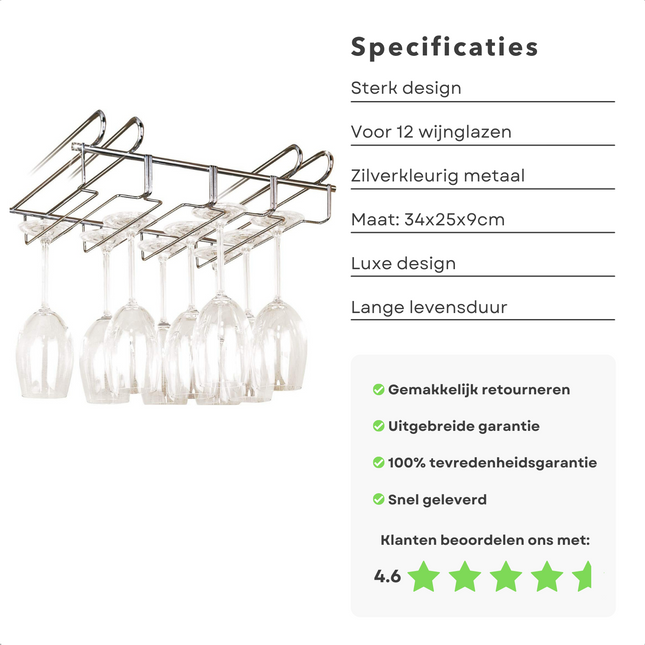 Cheqo® Luxe Wijnglazenhouder - Wijnrek - Ophangrek voor Glazen - Wijnglazen Ophangen - Hangend - Voor in de Kast - 12 Glazen wijnrek