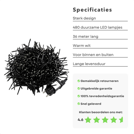 Cheqo® Kerstboomverlichting - Lichtsnoer - Kerstlampjes - Led Verlichting - Kerstverlichting - 480 LED - 36 meter - Binnen en Buiten - Warm Wit Kerstboomverlichting