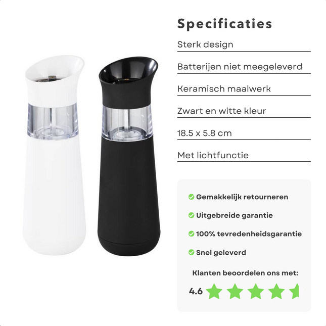 Cheqo® Elektrische Peper & Zoutmolen - Peper en Zoutmolen Set - Elektrisch - Zout Pepermolen op Batterijen - Instelbare Grofheid - Kruidenmolen - 2 Stuks Peper- & Zoutstellen