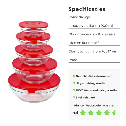 Cheqo® Glazen Vershoudbakjes - Lunchbox - Glazen Kommen - Voedselcontainer - Vershouddoos - Voorraadschaal - Met Deksel - 10 Stuks - Rood Vershoudbakjes