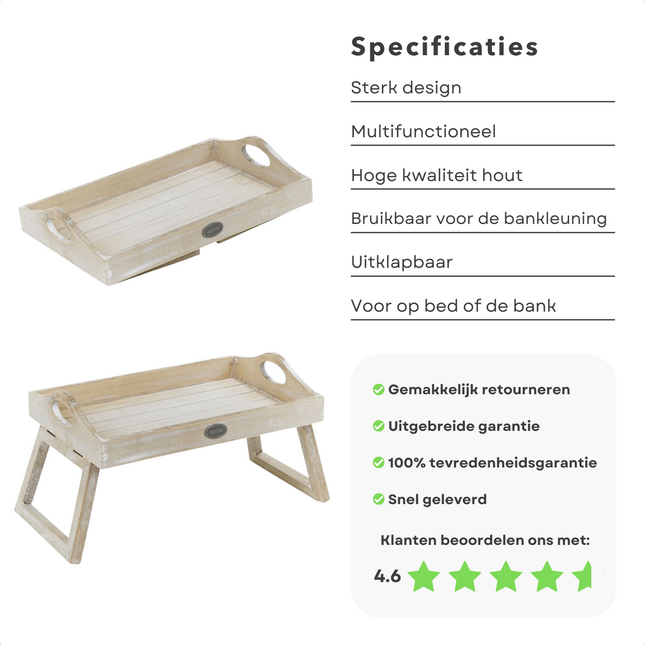 Cheqo® Armleuning Dienblad met Poten - Ontbijt op Bed - Uitklapbare Poten - Met Bankklem - Banktafel - Voor op de Bank of op Bed Dienblad