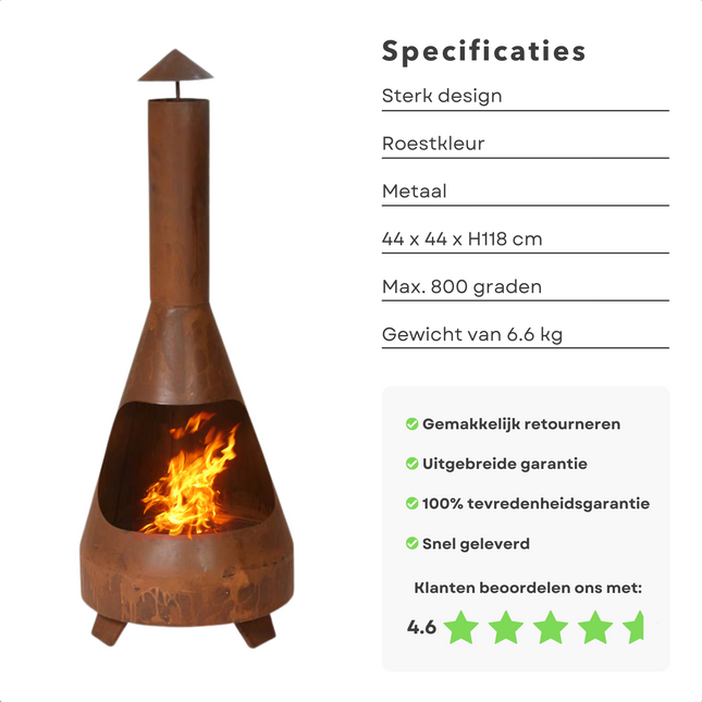 Cheqo® Terrashaard - Houtkachel - Tuinhaard - Terrasverwarming - Vuurkorf - Sfeerhaard - Roestkleur - 118cm Hoog - 44cm Breed Tuinhaard