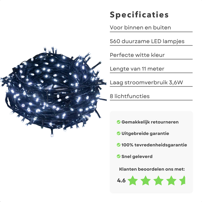 Cheqo® Kerstboomverlichting - Micro Clusterverlichting - Kerstlampjes - Led Verlichting - Kerstverlichting voor Binnen en Buiten - 560 LED's - 11 Meter - Wit Clusterverlichting