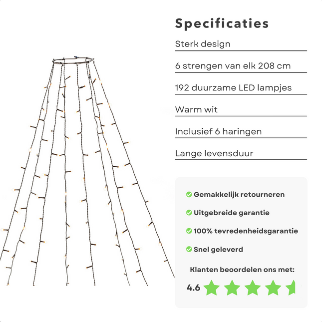 Cheqo® Vlaggenmast Verlichting - Lichtketting Vlaggenmast - Kerstverlichting - Kerstboom Verlichting - 192 LED's - 208cm - Inclusief Haringen Vlaggenmast Verlichting
