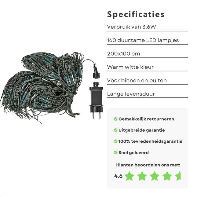 Cheqo® Netverlichting - Netverlichting - Kerstverlichting - Lichtnetten - Lichtgordijn - Tuinverlichting - Boomverlichting - 160 LED - 200x100 cm - Warm Wit met Groen Snoer Lichtnet