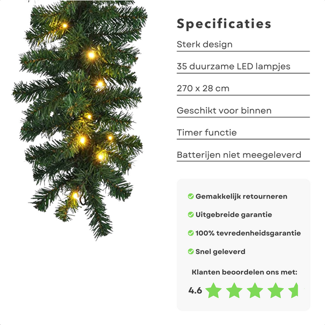 Cheqo® XL Guirlande met Kerstverlichting - Kerstlampjes - Kerstslinger - Warm Wit - 270cm - 150 takjes - 35 LED - Met Timer Functie Guirlande