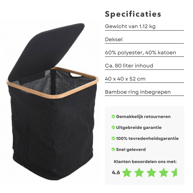Cheqo® Luxe Wasmand met Deksel - Opbergmand - Linnenmand - Wasbox - Wassorteerder - Laundry Basket - Zwart - Polyester en Katoen - 40x40x52cm wasmand