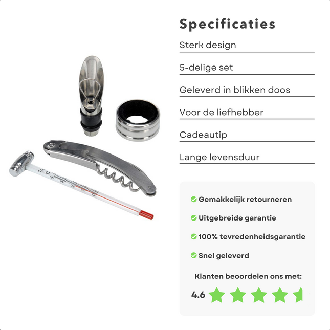 Cheqo® Luxe 4-Delige Wijnset in Giftbox - Lekring - Thermometer - Schenktuit - Kelnersmes - Flesopener - Wijnaccessoires Set - Wijnset in Blik Wijnset