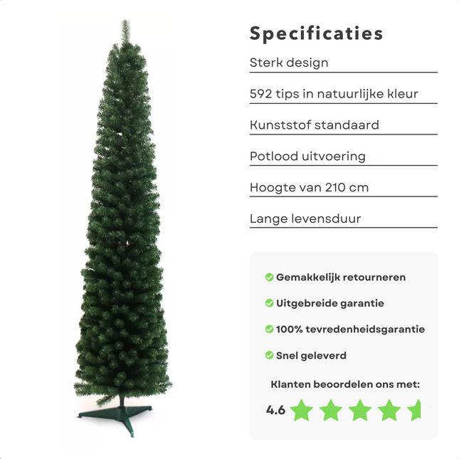 Cheqo® Smalle Kerstboom - Kunstkerstboom Smal - Kerstdecoratie - 592 Takken - Inclusief Standaard - Hoogte 210 cm Kunstkerstbooom