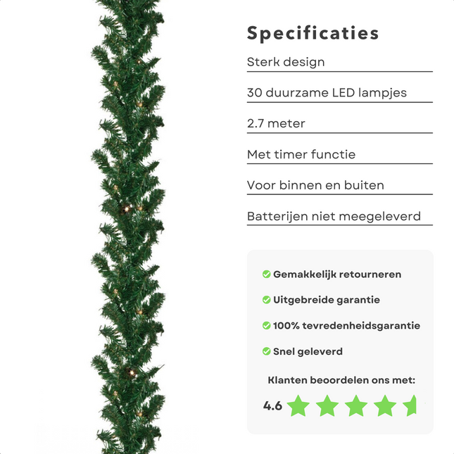 Cheqo® Guirlande met Kerstverlichting - Kerstlampjes op Batterij - Kerstslinger - Warm Wit - 270cm - 30 LED - Met Timer Guirlande