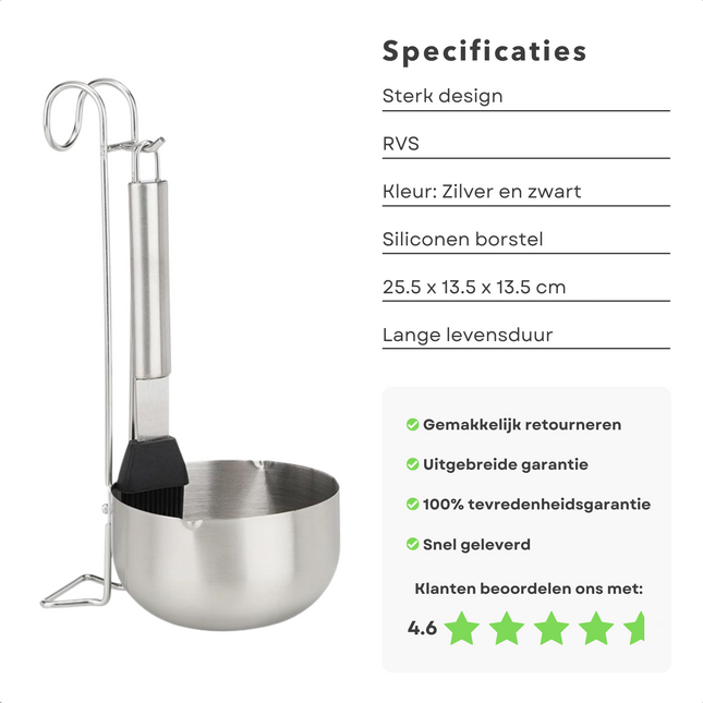 Cheqo® Sauskom met Sauskwast - Bakkwast - RVS - Mengkom met Kwast - 25.5x13.5x13.5 cm mengkom