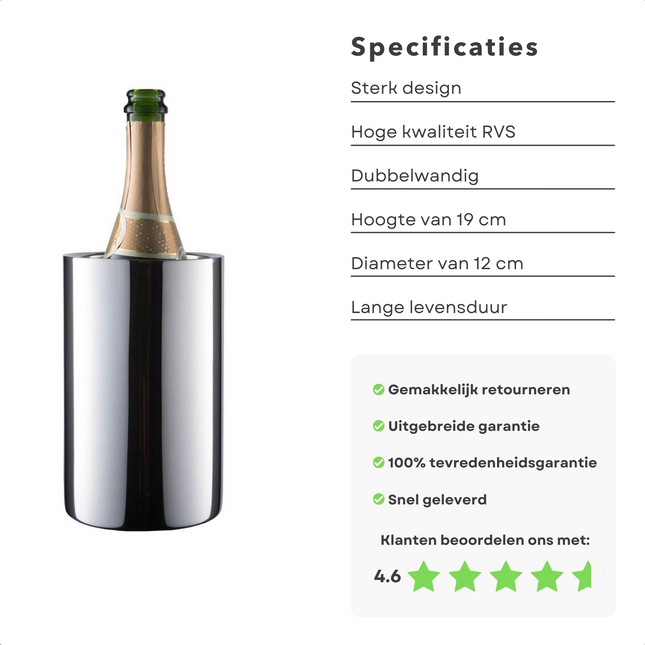 Cheqo® Luxe RVS Wijnkoeler - Dubbelwandig - Flessenkoeler - Wijn Koeler - ø12cmx19cm Wijnkoeler