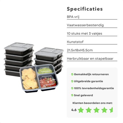 Cheqo® Vershoudbakjes Herbruikbaar - Meal Prep Bakjes - Diepvriesbakjes - Lunchbox - Vershouddoos - Plastic Bakjes - Magnetron Bakjes - Voedselcontainer - 10 Stuks met 3 Compartimenten Meal Prep Bakjes