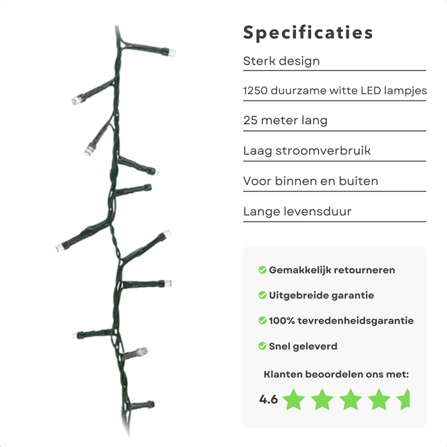 Cheqo® Kerstboomverlichting - Micro Clusterverlichting - Kerstlampjes - Led Verlichting - Kerstverlichting voor Binnen en Buiten - Met Haspel - 1250 LED - 25 Meter - Met Timer - Wit Clusterverlichting