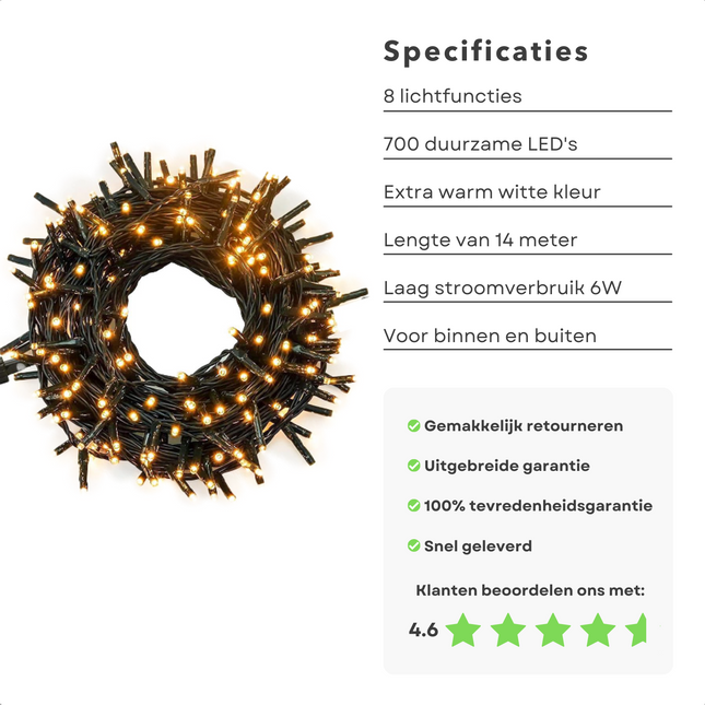 Cheqo® Kerstboomverlichting - Micro Clusterverlichting - Kerstlampjes - Led Verlichting - Kerstverlichting voor Binnen en Buiten - 700 LED's - 14 Meter - Extra Warm Wit Clusterverlichting