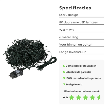 Cheqo® Kerstboomverlichting - Lichtsnoer - Kerstlampjes - Led Verlichting - Kerstverlichting voor Binnen en Buiten - 80 LED - 6m - Warm Wit Kerstboomverlichting