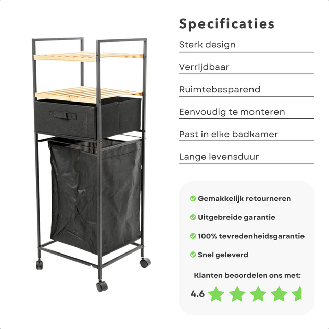 Cheqo® Badkamerrek met Wasmand - Badkamerkast - Badkamermeubel - Badkamer Rek - Badkamer Kast - Inclusief Mand en 2 Rekken Badkamerkast
