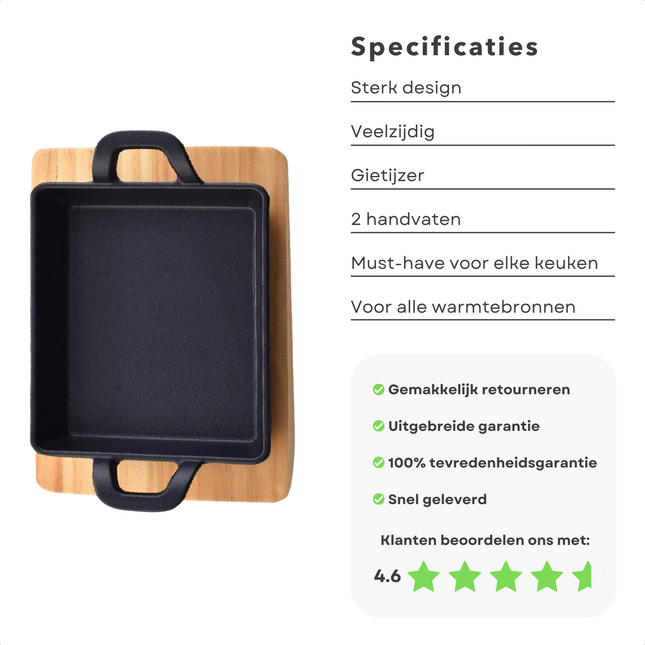 Cheqo® Vierkante Koekenpan - Gietijzeren Braadpan - Tapaspan met Serveerplank - Gietijzer Koekenpan