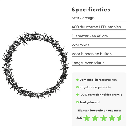 Cheqo® Lichtgevende Kerstkrans - Kerstring - Kerstverlichting - Kerstdecoratie - 400 LED - Ø48cm - 8 Lichtfuncties - Voor Binnen en Buiten Kerstkrans