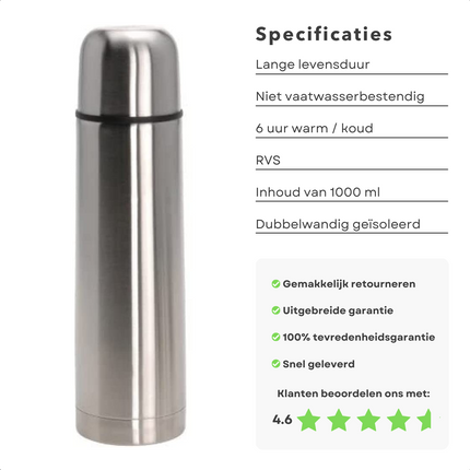 Cheqo® Isolatiekan 1L met 2 Bekers - 1000ml - Thermoskan - Isolatiefles - Drinkfles Vacuüm Geïsoleerd - BPA-Vrij Isolatiefles