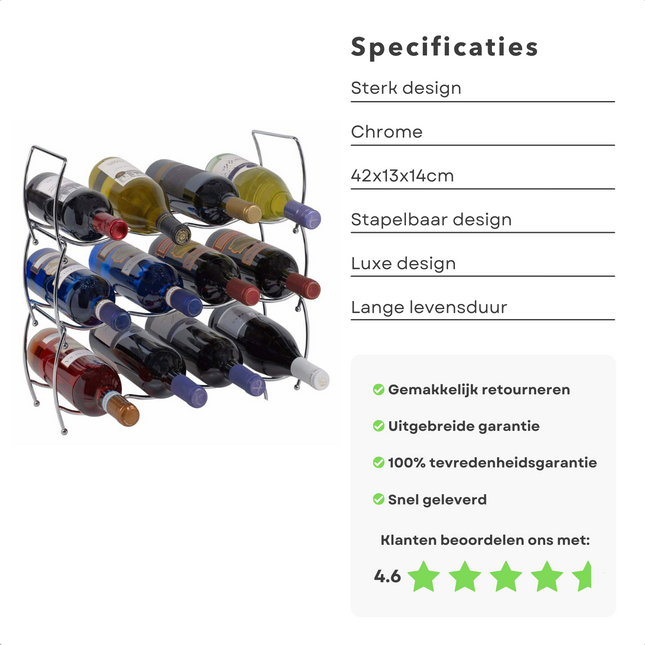Cheqo® Stapelbaar Wijnrek - Wijnfleshouder - Flessenrek - Flessenhouder voor 12 Flessen - Metaal - 3 Delig wijnrek