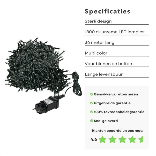 Cheqo® Kerstboomverlichting - Clusterverlichting - Kerstlampjes - Led Verlichting - Kerstverlichting voor Binnen en Buiten - 1800 LED - 36 Meter - Multicolor Clusterverlichting