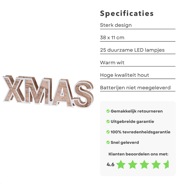 Cheqo® Sierletters XMAS - Houten Letters - Woondecoratie - Kerstlampjes - Kerstdecoratie - 38cm - 25 LED Sierletters