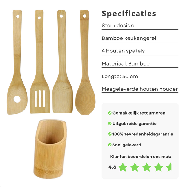 Cheqo® Bamboe Keukengerei Set met Houder - Spatelset - Keuken Spatel - Kookgerei Set - Duurzaam Bamboe - Spatels - 4 Stuks - 30cm Lang Keukengerei Set