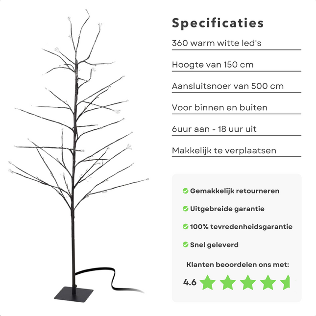 Cheqo® Lichtboom met Lichttakken - Led Boom - Lichttak - Verlichte Kerstboom Decoratie - Kerstbloesem voor Binnen en Buiten - 150cm - 360LED - Met Timer Lichttakken