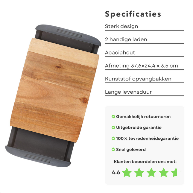 Cheqo® Snijplank met Opvangbakken - Snijplank met Opvangbak - 2 Lades - Uitschuifbaar - Acacia Hout - Snijplank met Afvalbak - 32x32x3.5cm Snijplank